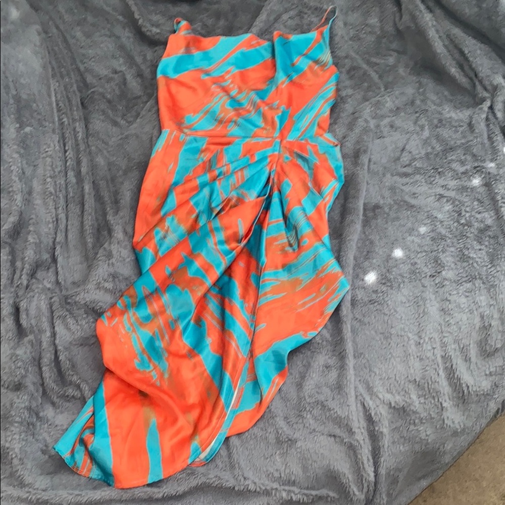 Fashion Nova Orange and Blue Bodycon Midi Dress